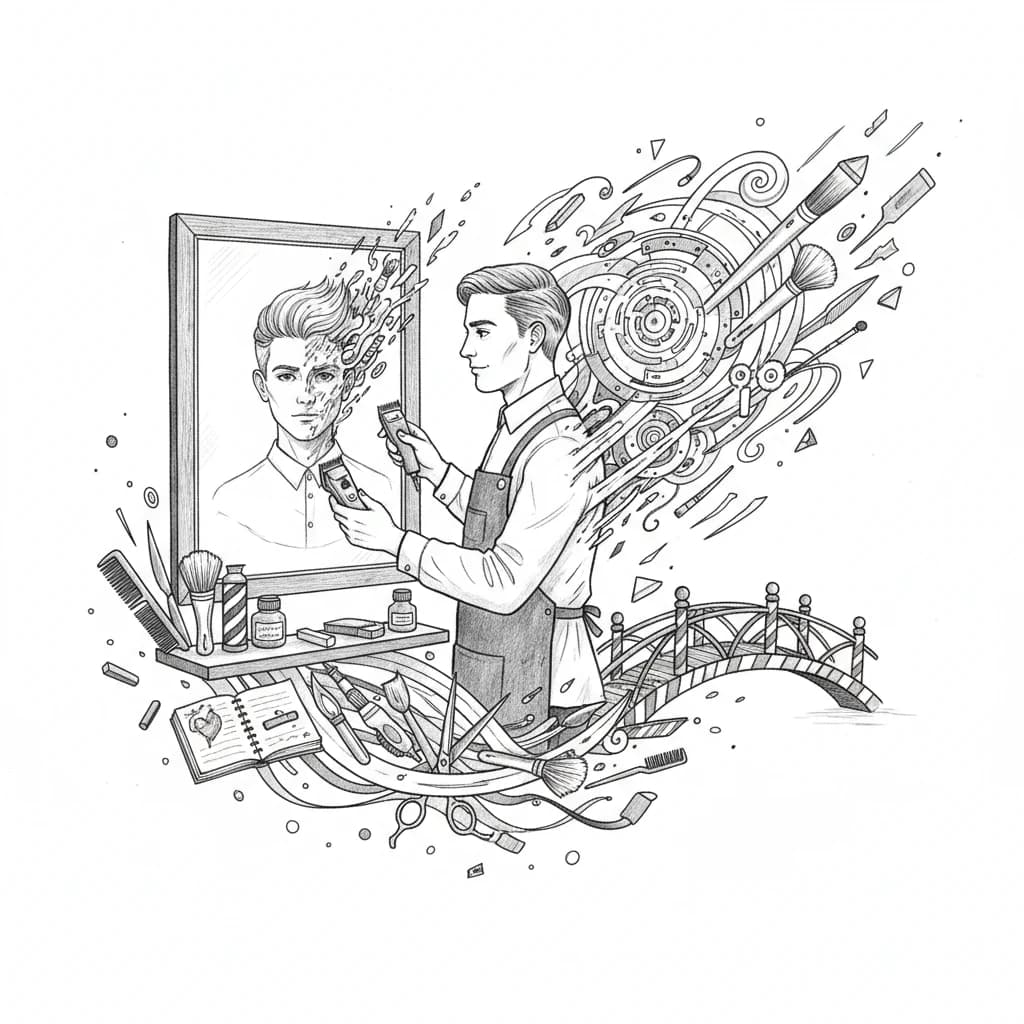 Book illustration joining a barber, mirror and tools with flowing artistic ideas.
