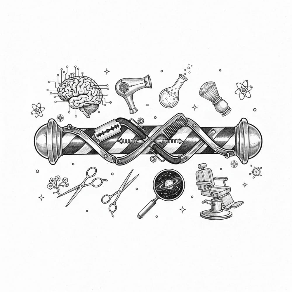 Companion illustration connecting barbering tools and scientific symbols.