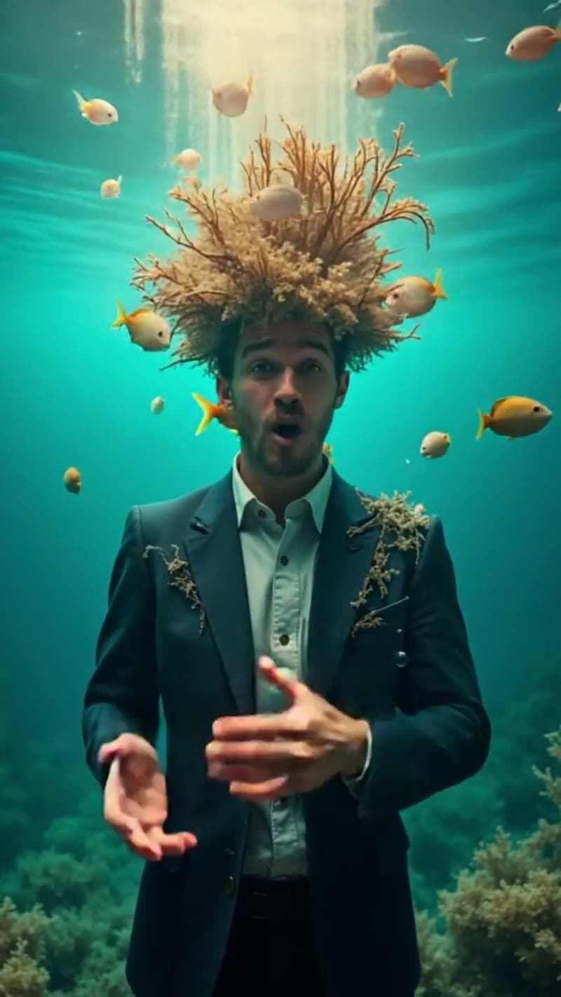 A suited man underwater wearing a coral crown, surrounded by fish