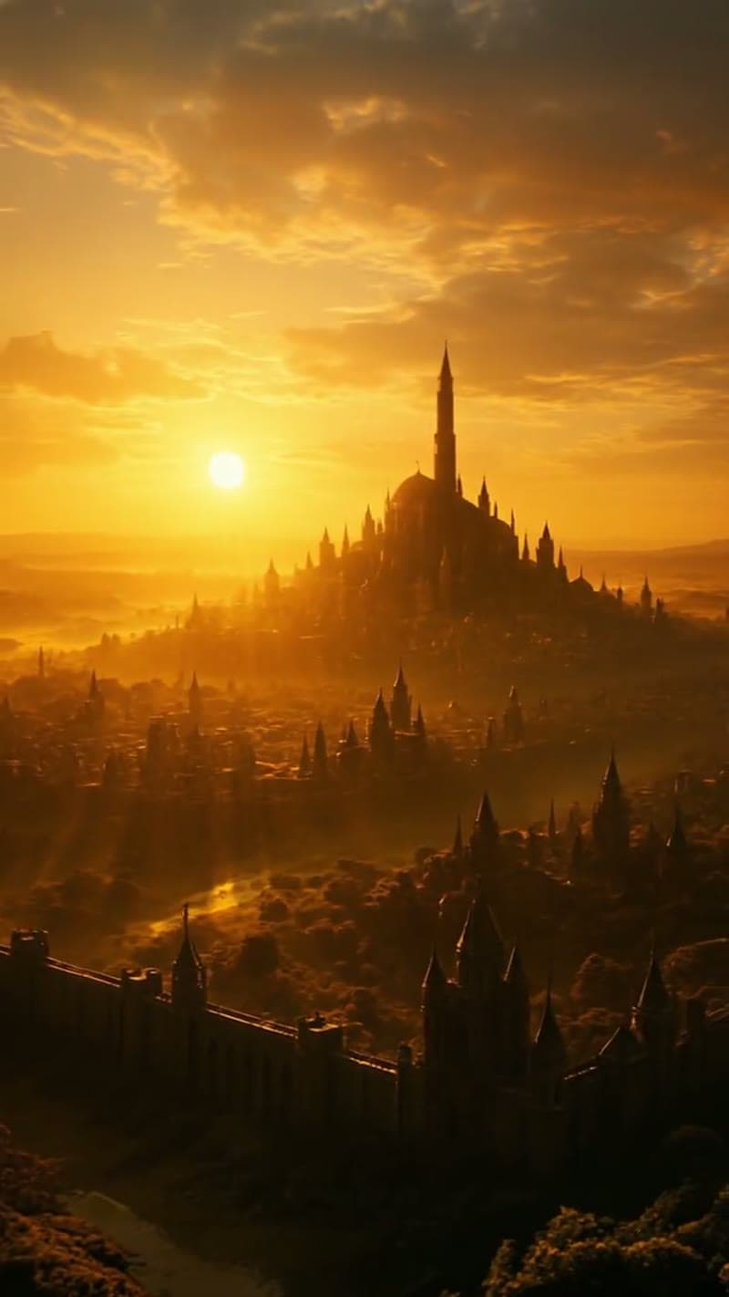 A large fantasy citadel overlooking a city at dawn