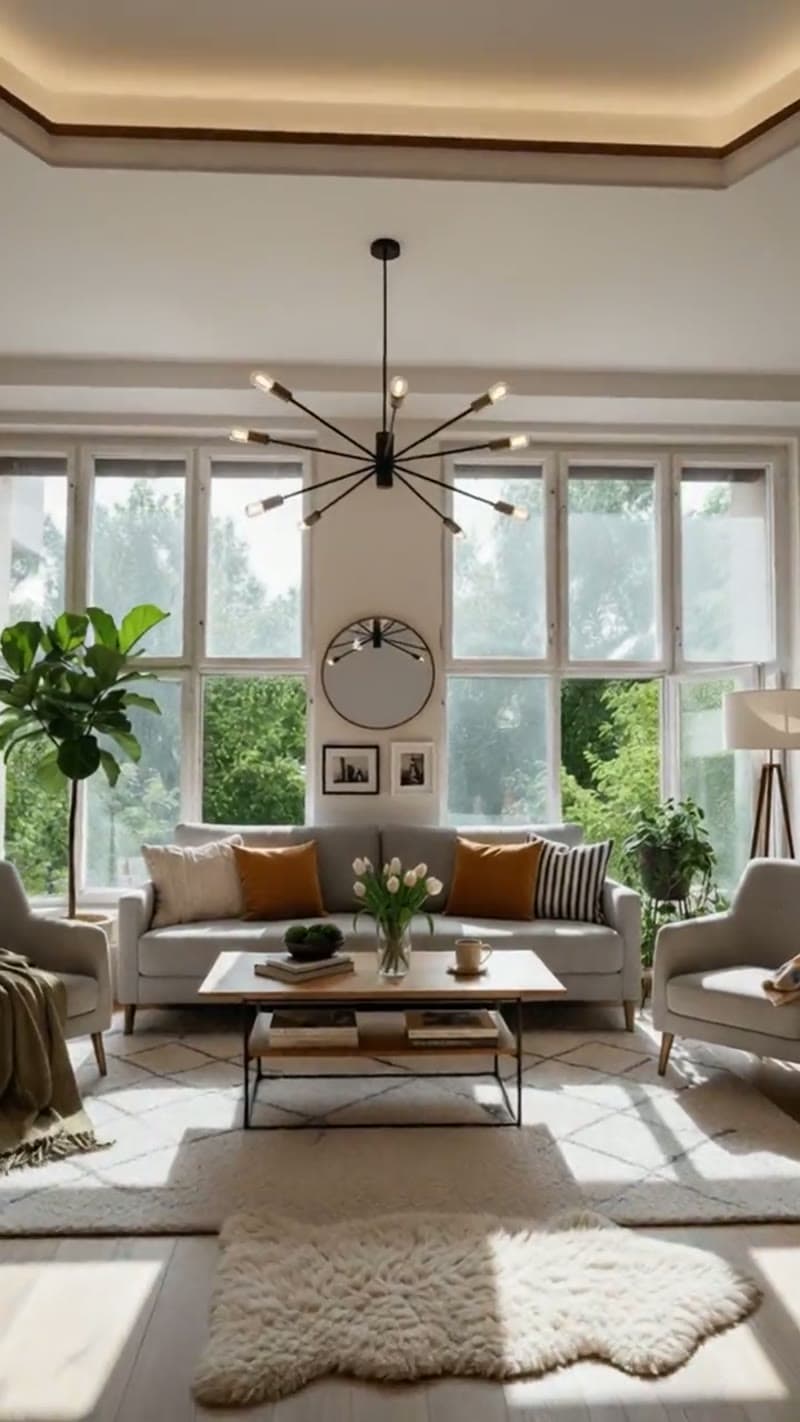 A sunlit living room with cream sofas, plants and warm timber details