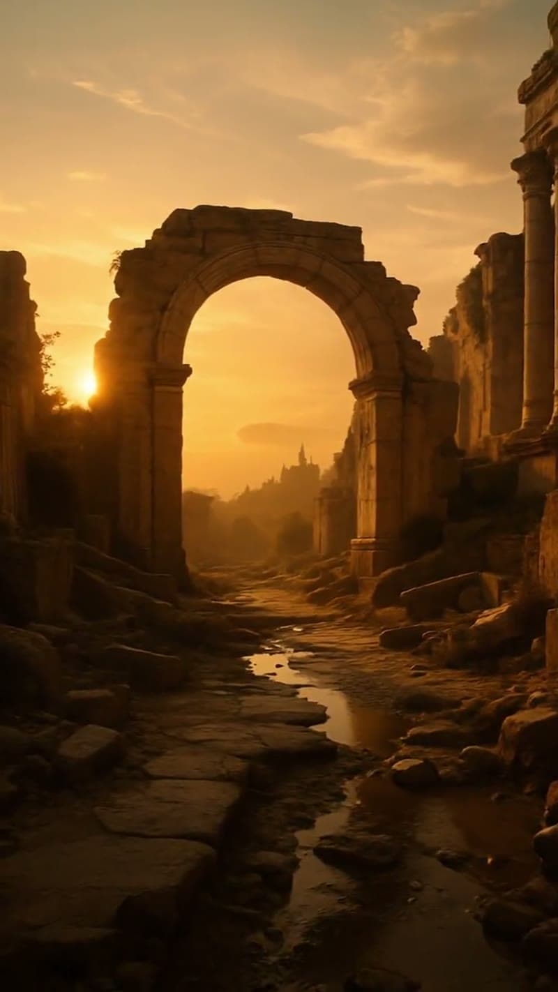 An ancient stone arch in a ruined city at golden hour