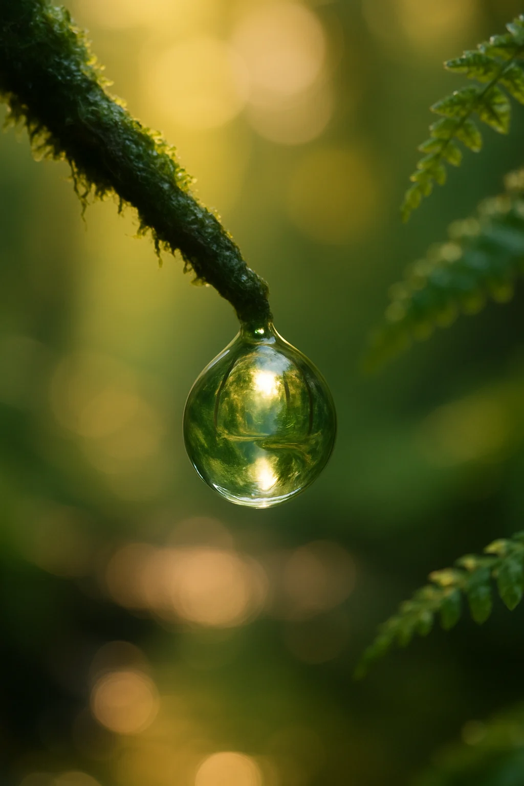 A drop hanging from a mossy branch reflects a whole sunlit forest.
