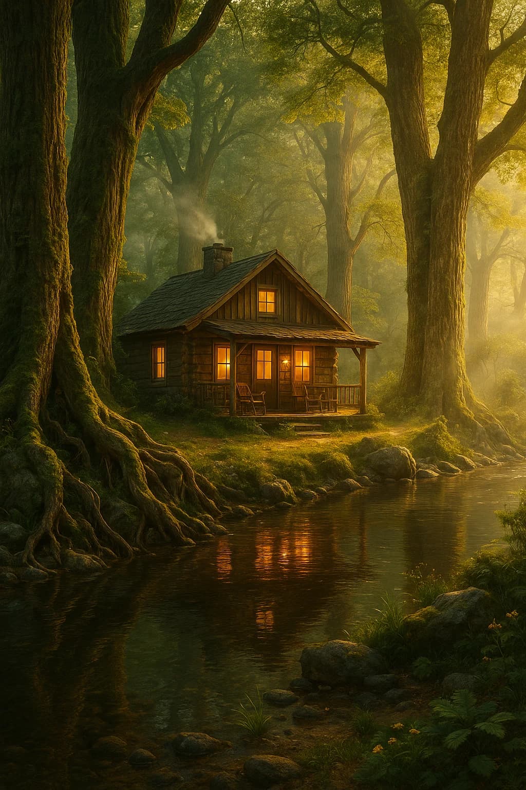 A warmly lit cabin sits among immense old trees beside a still woodland stream.