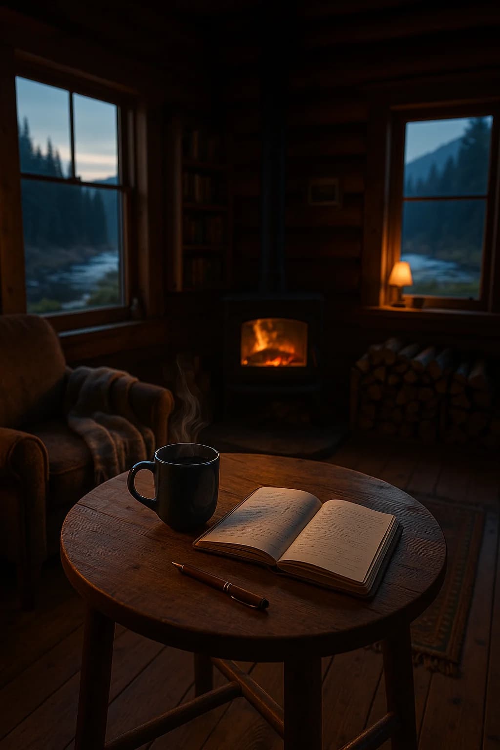 An open notebook and a steaming cup sit beside a fire in a dark wooden cabin.