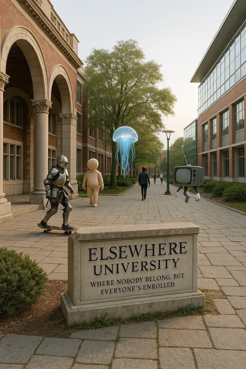 A knight on a skateboard, a floating jellyfish and a walking television pass the Elsewhere University entrance.
