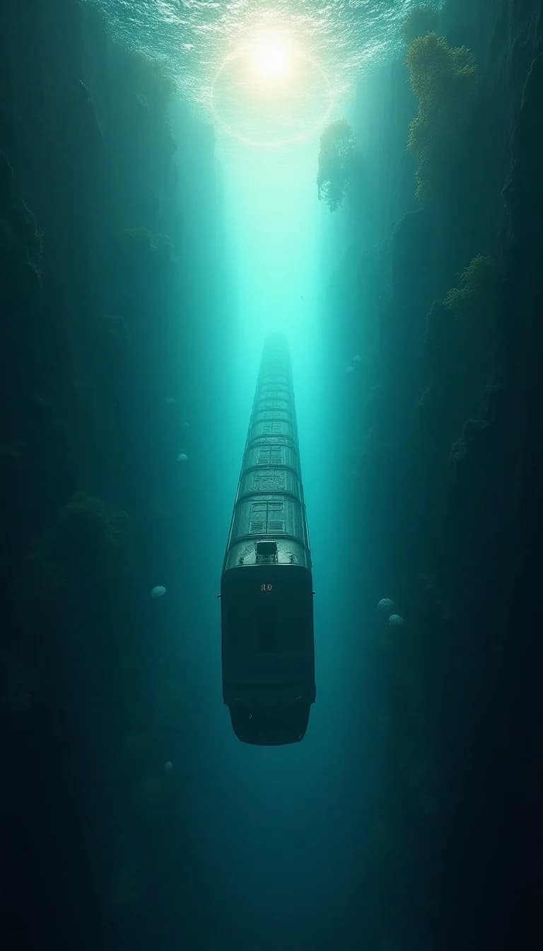 A train descends vertically between underwater cliffs, toward a deep blue abyss.