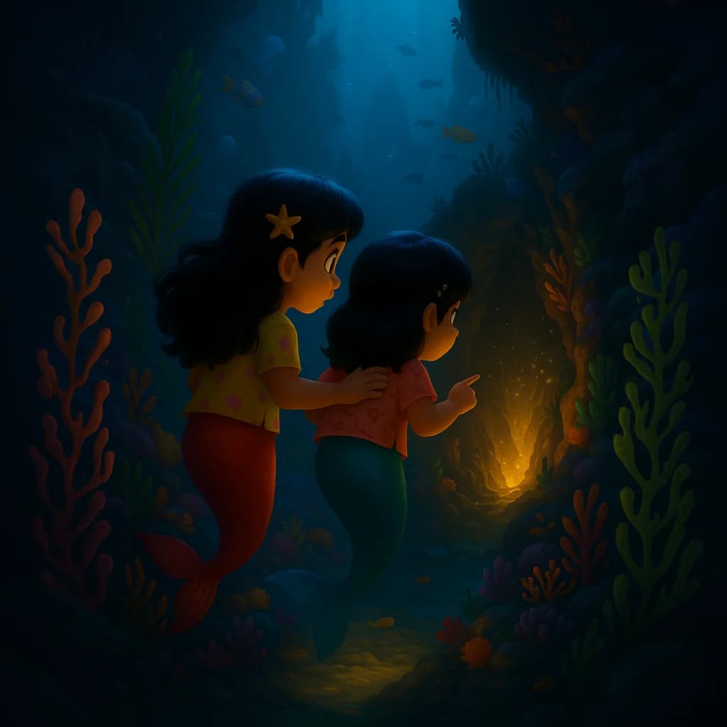 Two mermaid sisters swim through a deep blue cavern toward a golden light.