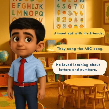 An illustrated schoolbook page shows Ahmed in a classroom learning letters and numbers with his friends.