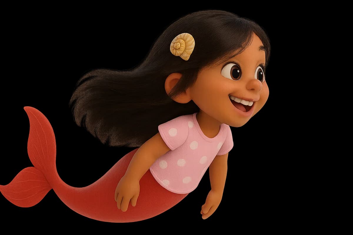 Character artwork for Leiya: a smiling mermaid with a red tail, pink shirt and golden shell hair clip.