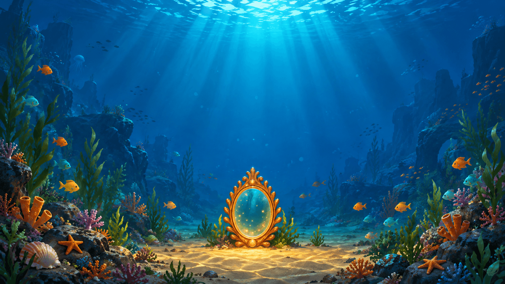 A golden mirror rests on the seabed beneath shafts of sunlight, bright fish and a garden of coral.
