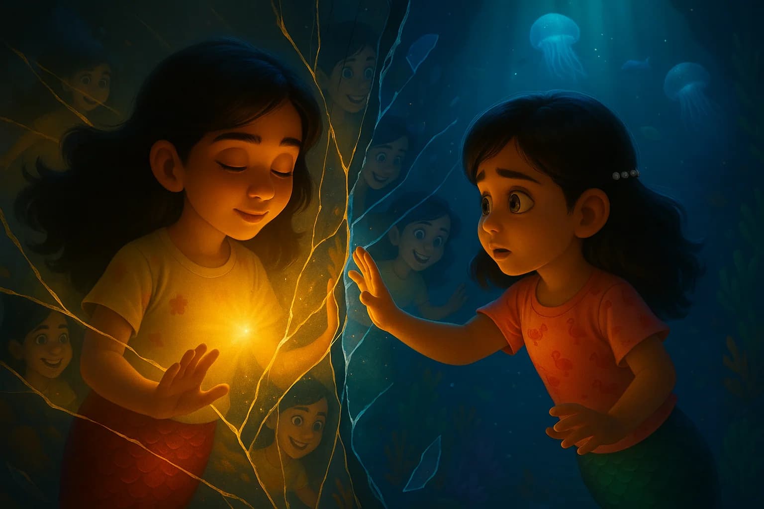 Separated by a cracked wall of golden light, the younger mermaid reaches toward her sister as she holds a glowing shell.