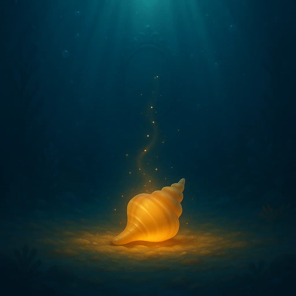 A small golden shell glows on the quiet seabed.