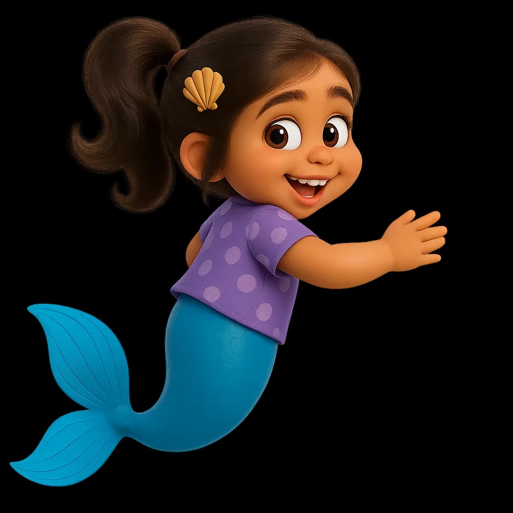 Character artwork for Talia: a little mermaid with a blue tail, purple shirt and ponytails.