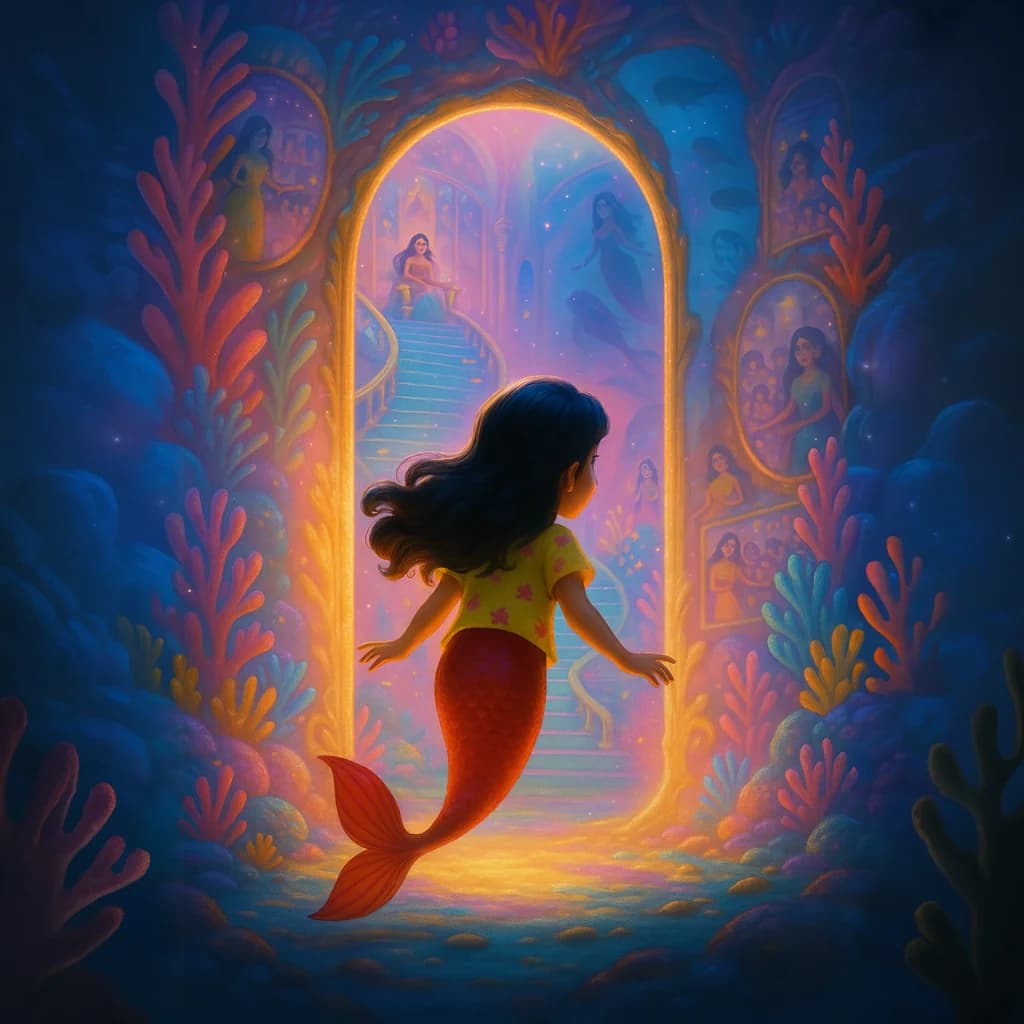 A mermaid swims into an enormous golden doorway filled with shimmering reflections.
