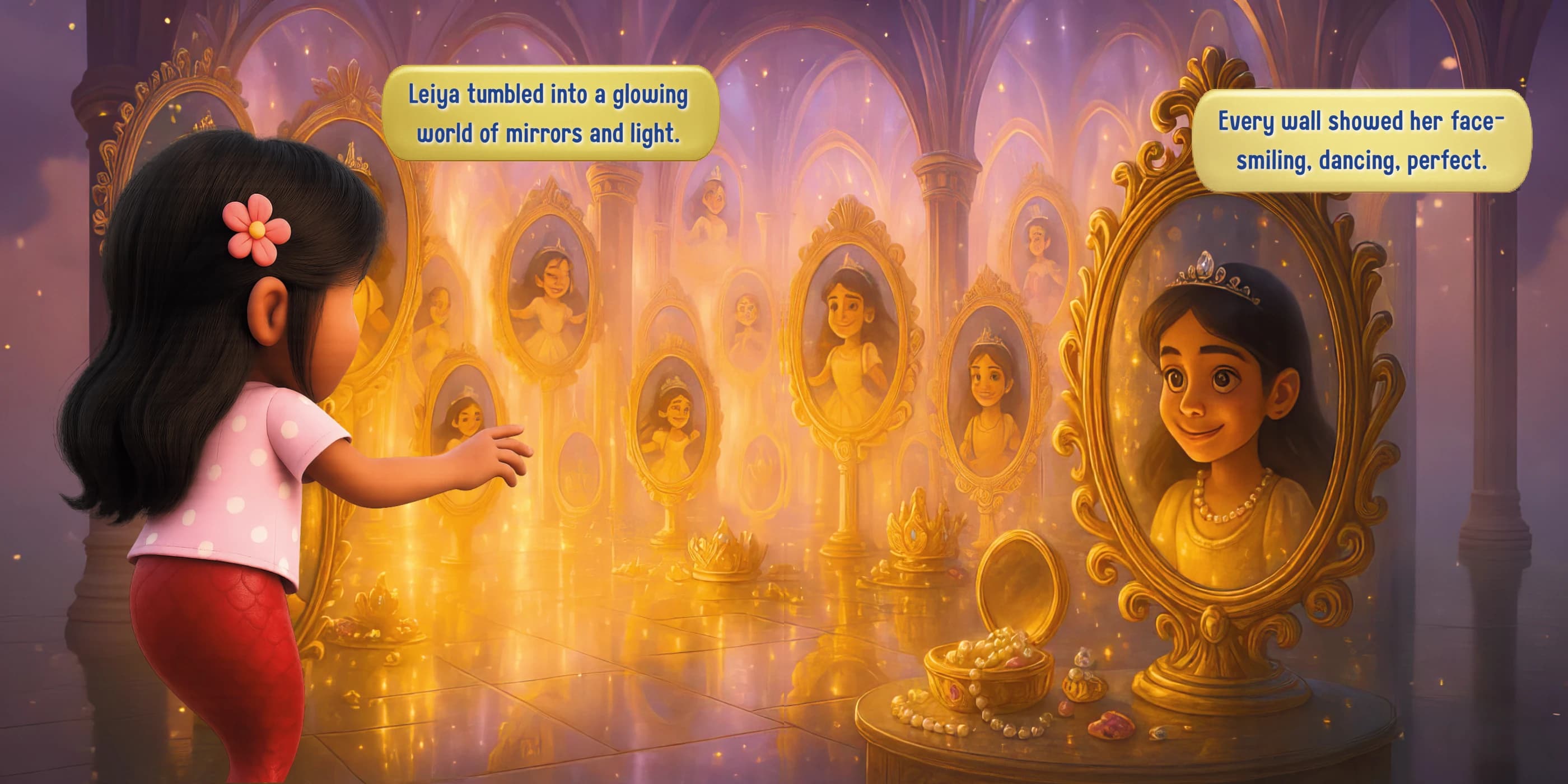 Leiya enters a golden gallery of mirrors. The gallery artwork continues across both facing pages.