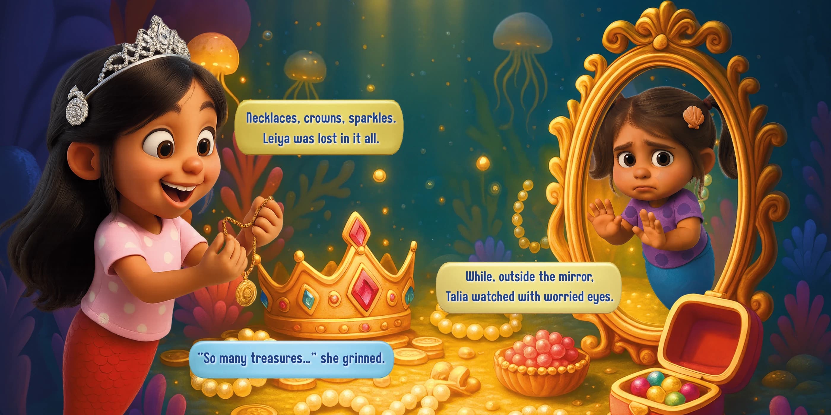 Leiya admires crowns and jewellery while Talia watches through the mirror. One treasure-filled scene crosses the two pages.