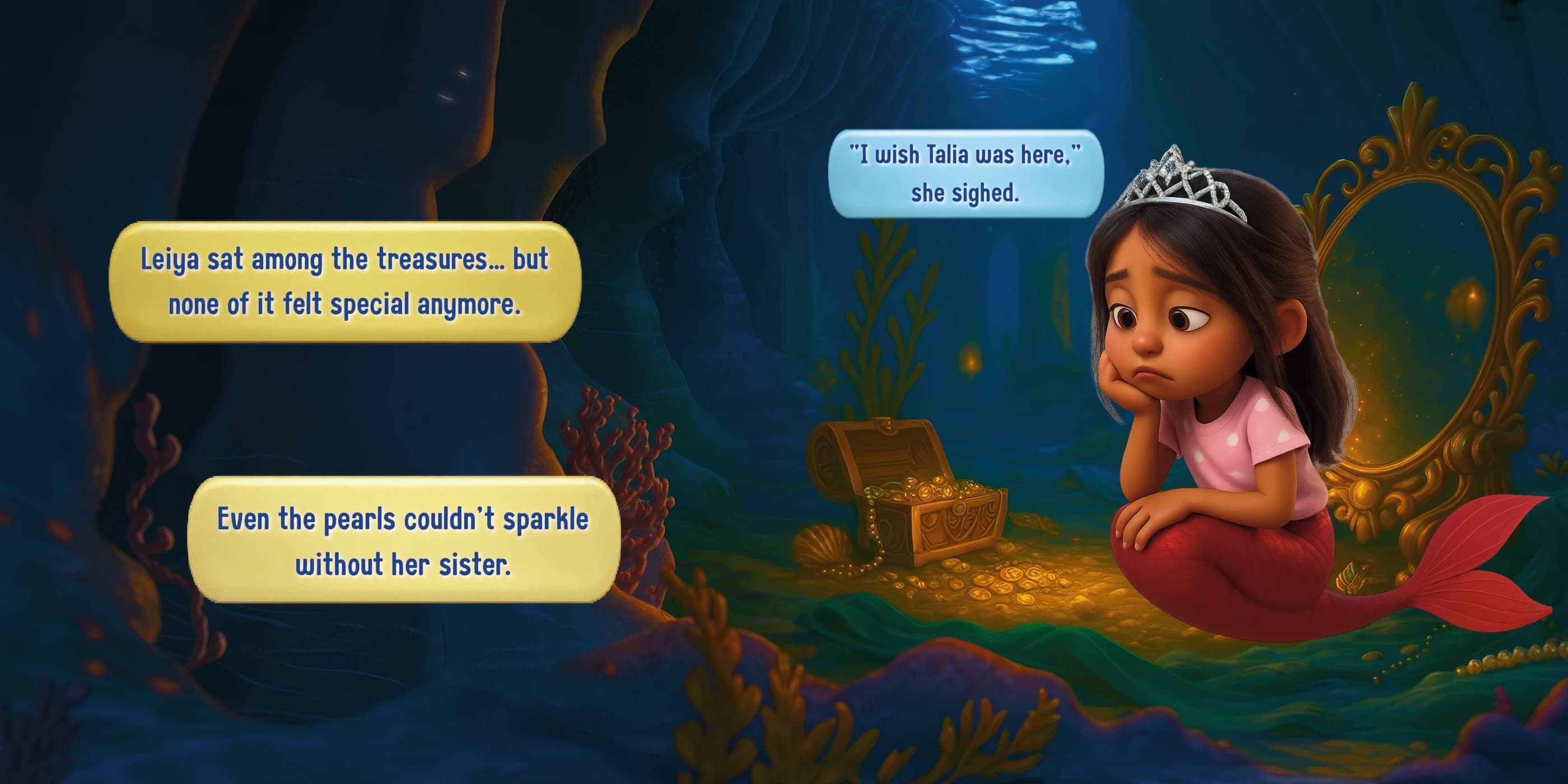 The treasure chamber stretches across both pages, with Leiya sitting alone beside an open chest on the right.