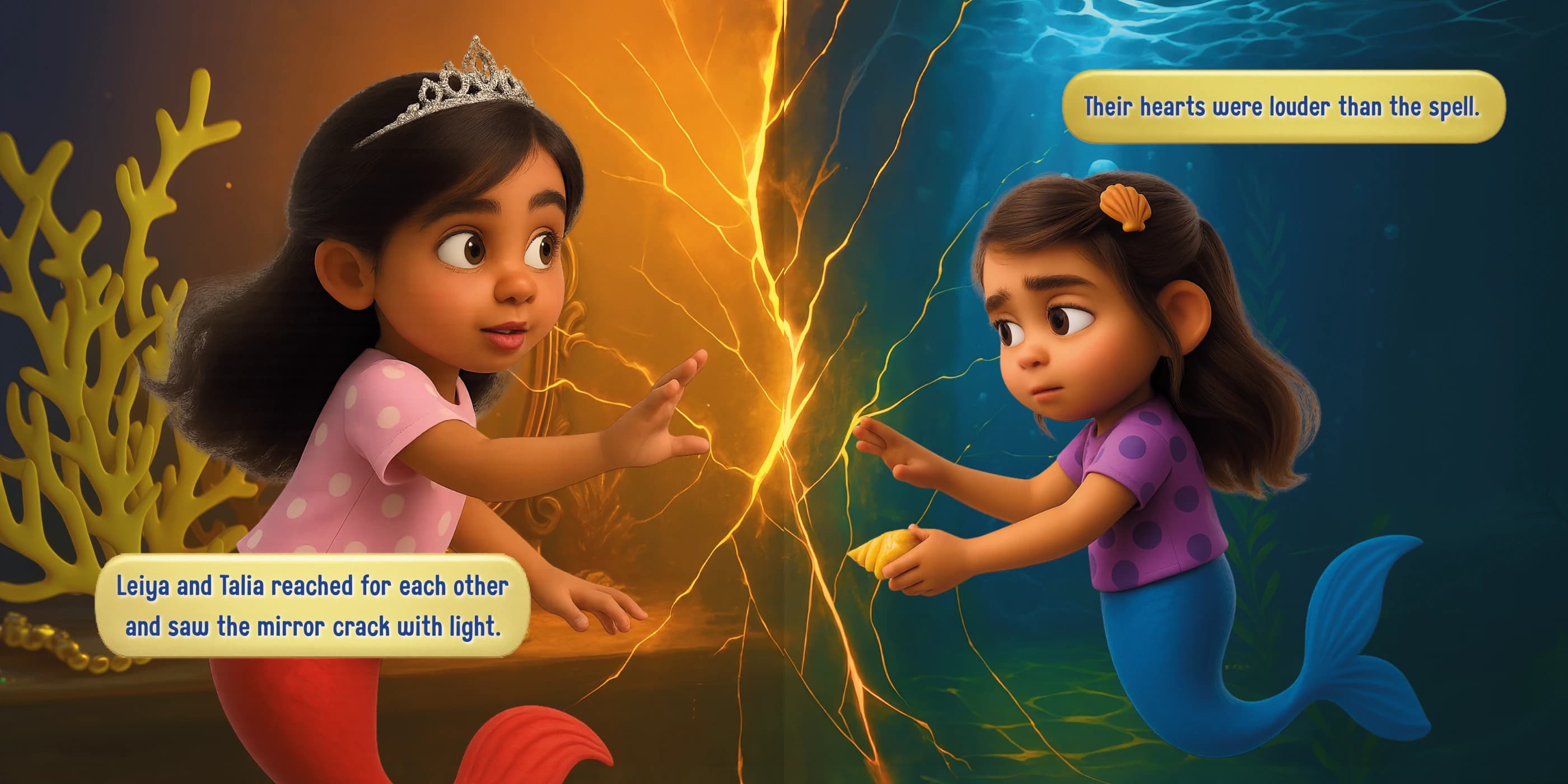 Leiya and Talia reach towards one another across a glowing crack between the mirror world and the ocean.
