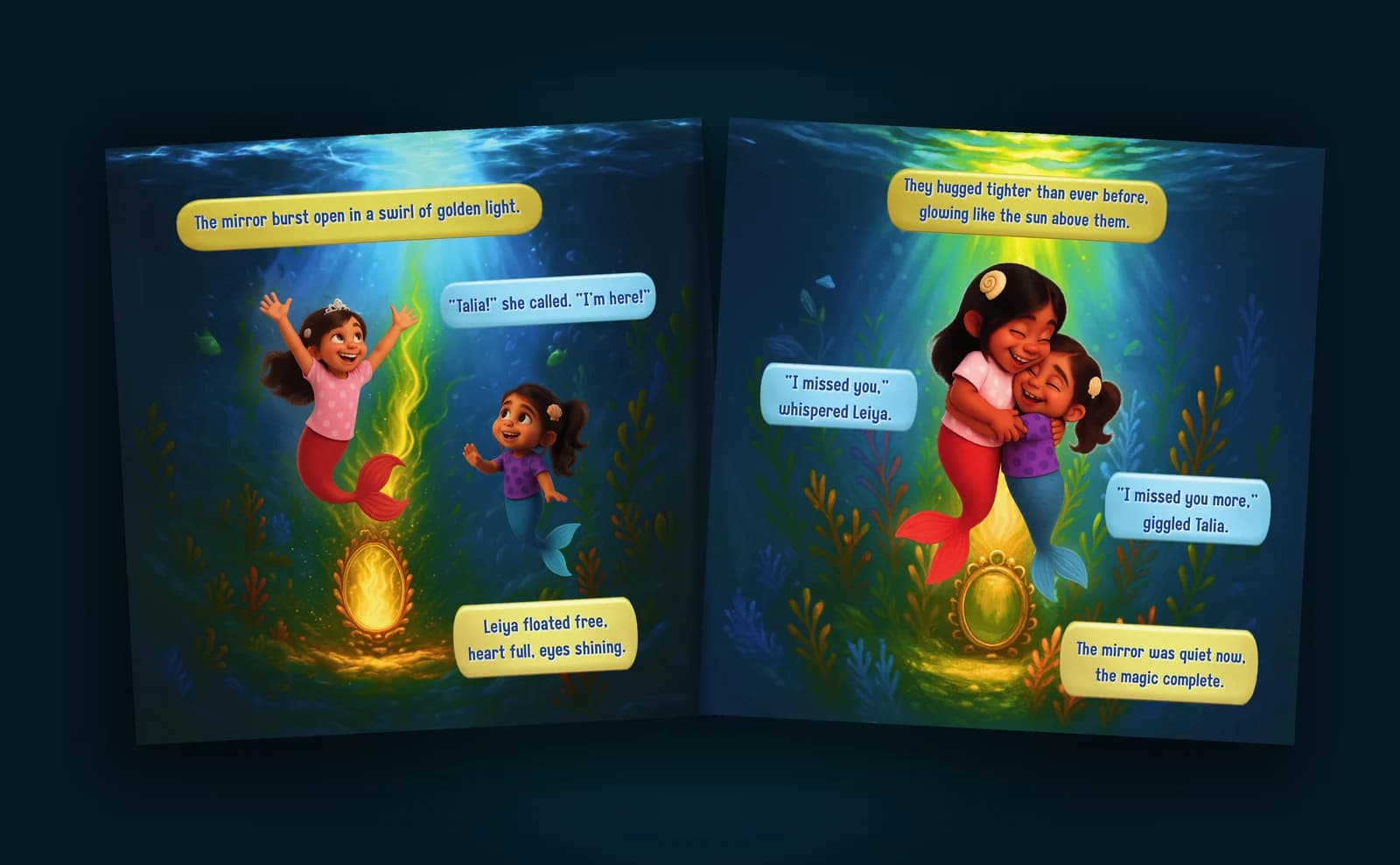 An open spread from The Mermaid Mirror with the mermaid sisters reunited.
