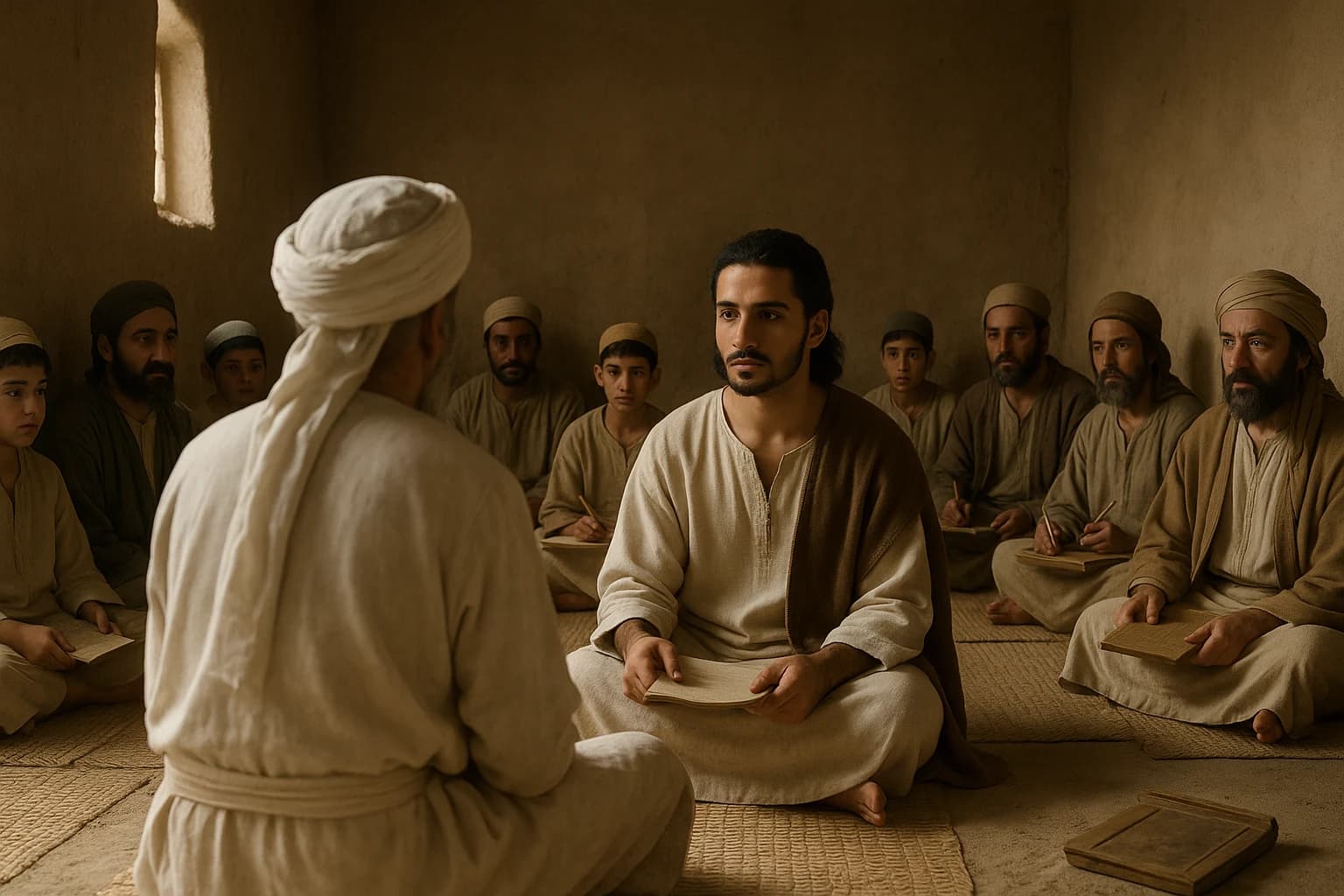Original production scene showing characters gathered in an earthen interior.