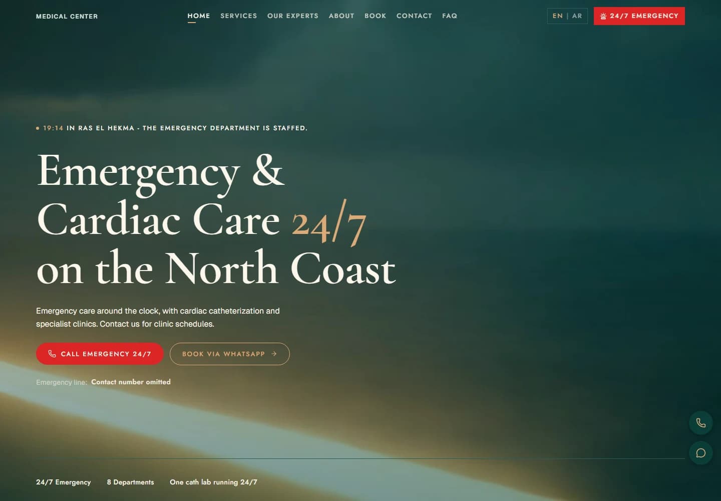 Desktop website design: a teal and gold opening screen, editorial typography, department navigation and direct contact buttons.