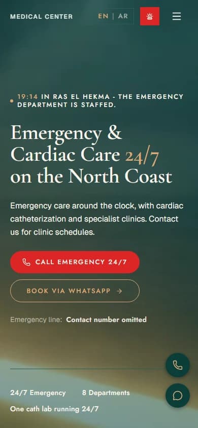 The same website on a phone, with readable headings, language selection and prominent contact buttons.