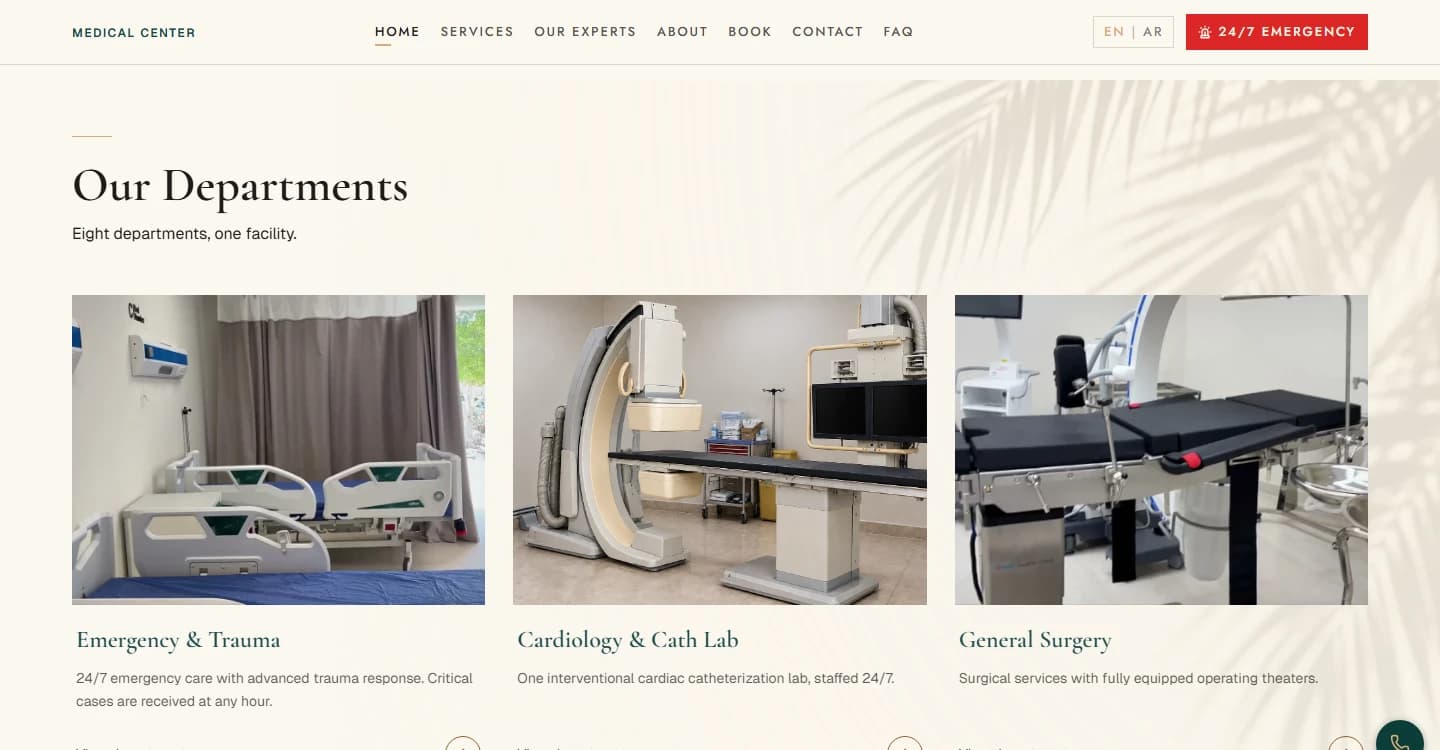 The website department directory, with clinical photographs, service names and concise descriptions in a cream and teal layout.