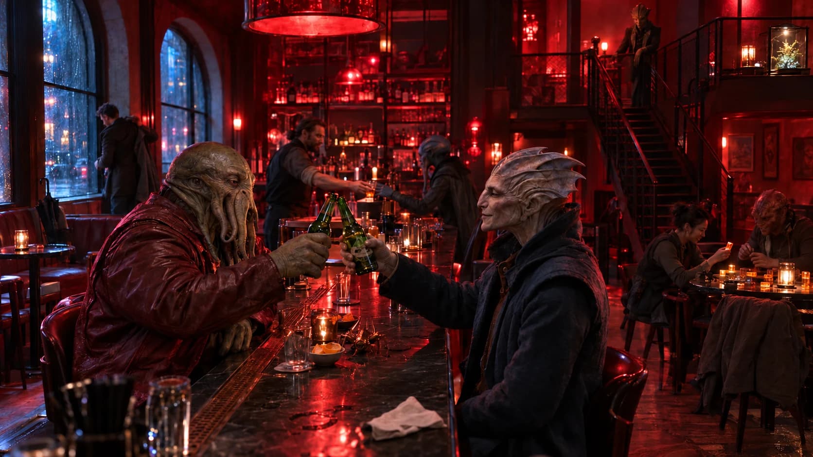 Two aliens raise their bottles in a red-lit bar. The populated appearance reference used for Last Call.