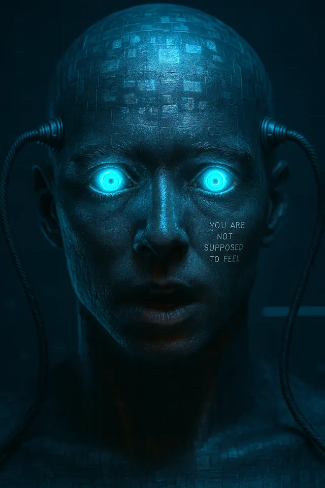 The same metallic figure opens bright blue eyes.