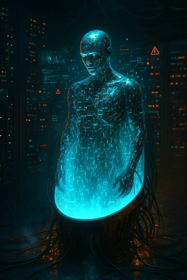 A humanoid figure rises from a glowing blue cylinder in a server room.