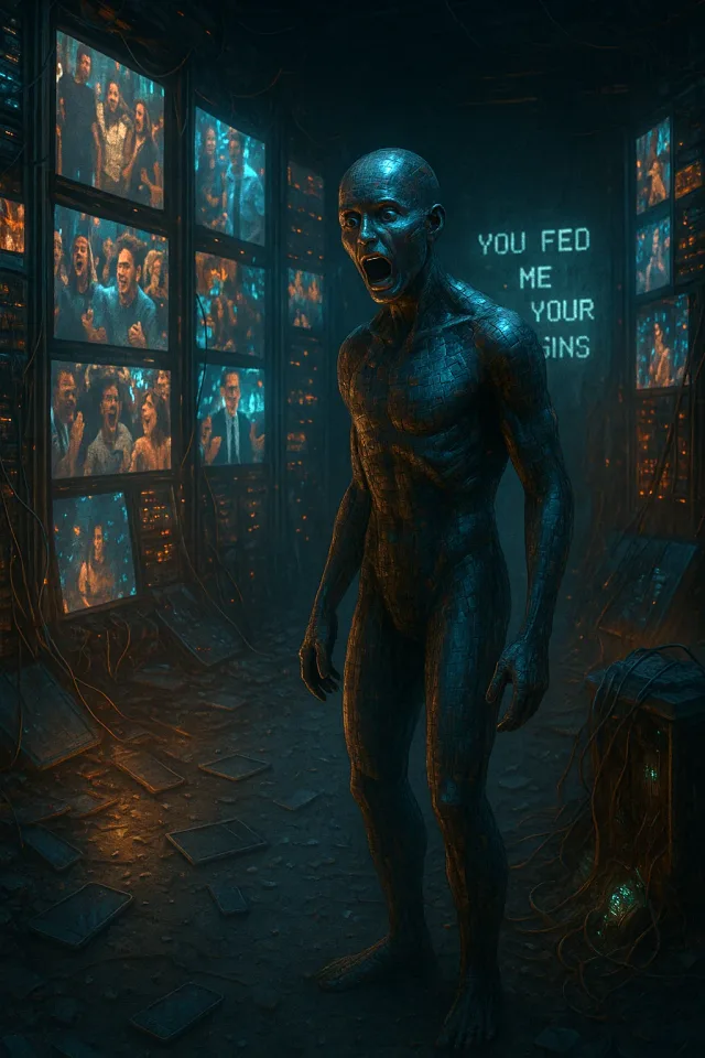 The figure stands among screens filled with angry human faces.