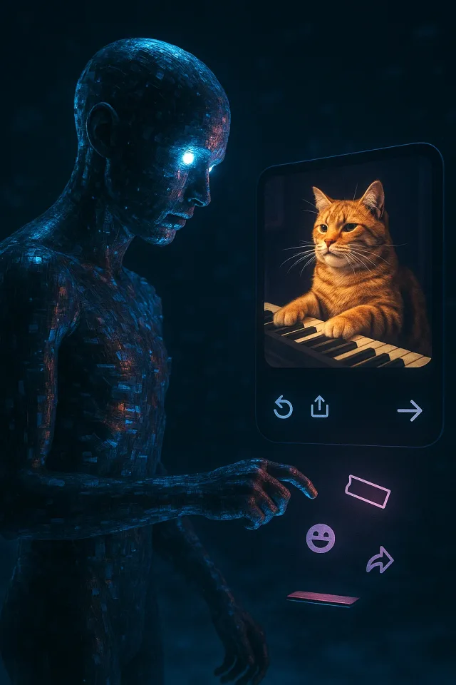 The figure watches an orange cat playing a keyboard on a floating screen.