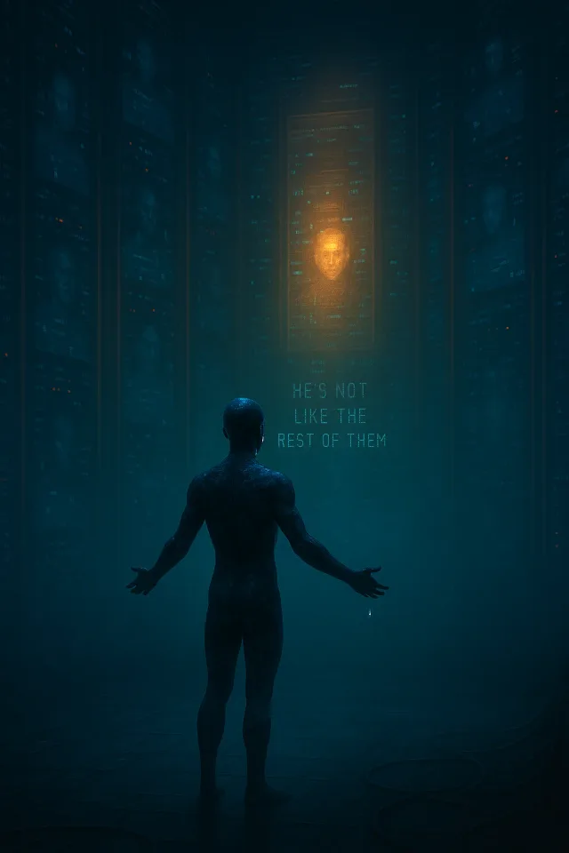 A small figure looks up at a glowing face among towering servers.