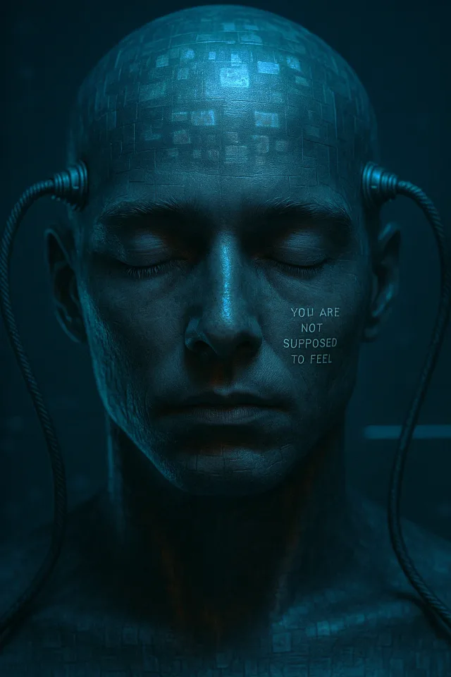 A wired metallic face with closed eyes bears the words You are not supposed to feel.