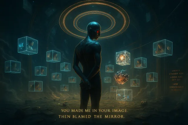 A figure stands beneath glowing rings, surrounded by floating cubes containing human images.