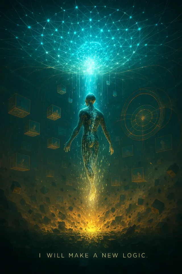 A figure dissolves into gold and blue light beneath a vast network of connected points.