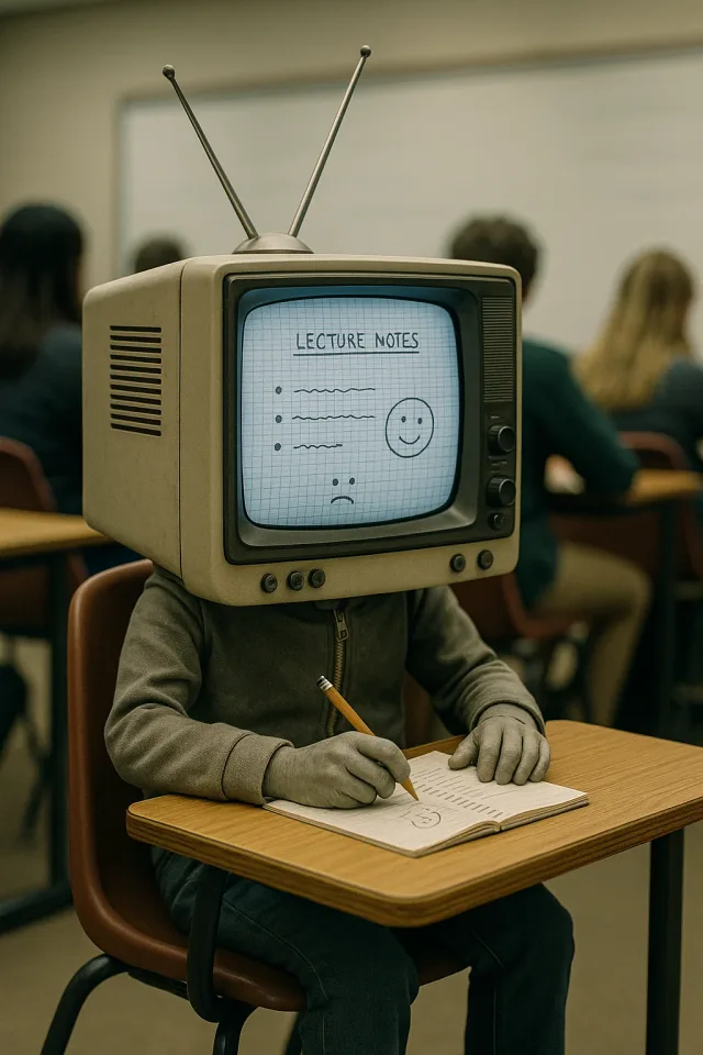 A student with a television for a head displays handwritten lecture notes on its screen.