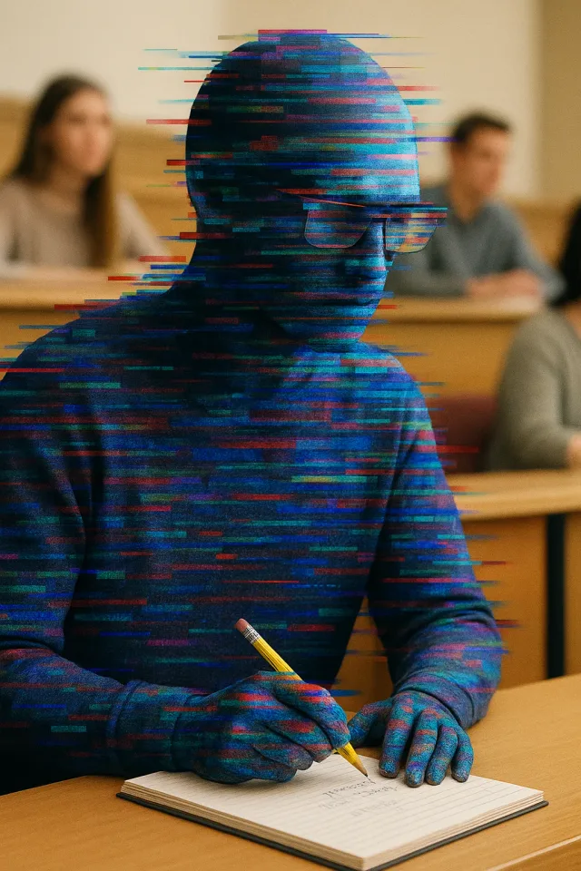A student made of blue and magenta digital interference wears glasses and writes in a notebook.