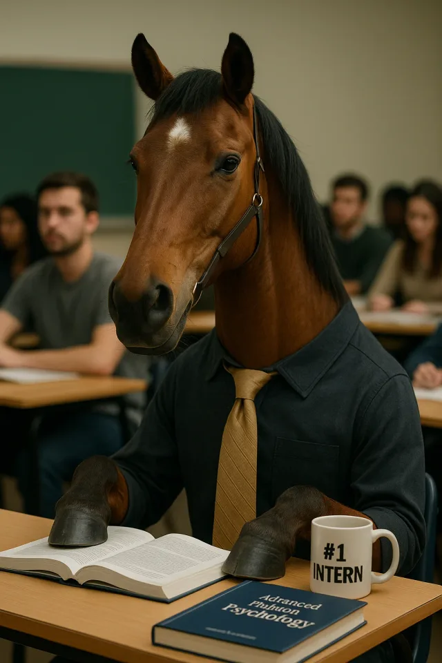 A horse in a shirt and tie sits at a classroom desk with an open book.