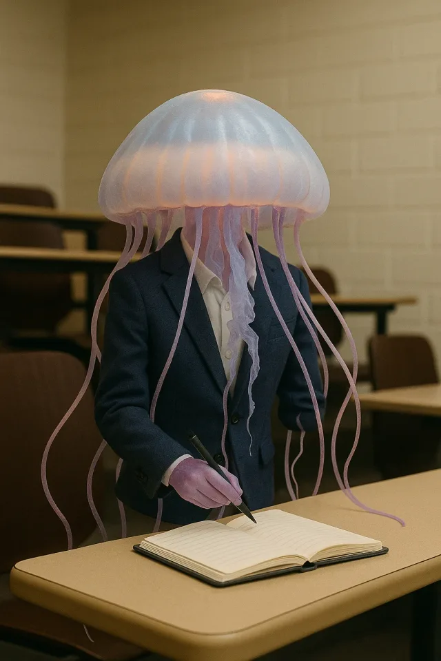 A jellyfish in a school uniform takes notes at a classroom desk.